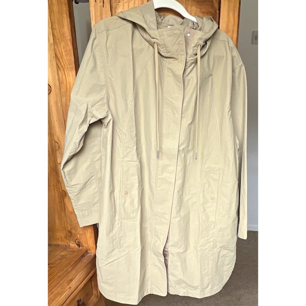 Athleta Womens Hooded Long Hiking Anorak Pockets Drawstring Beige Size L